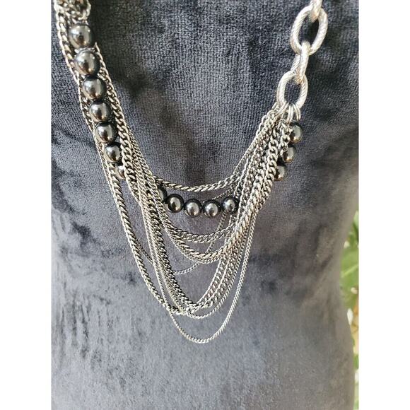 Women's Pewter and Black Multilayered Chain Stylish Necklace - Picture 2 of 7